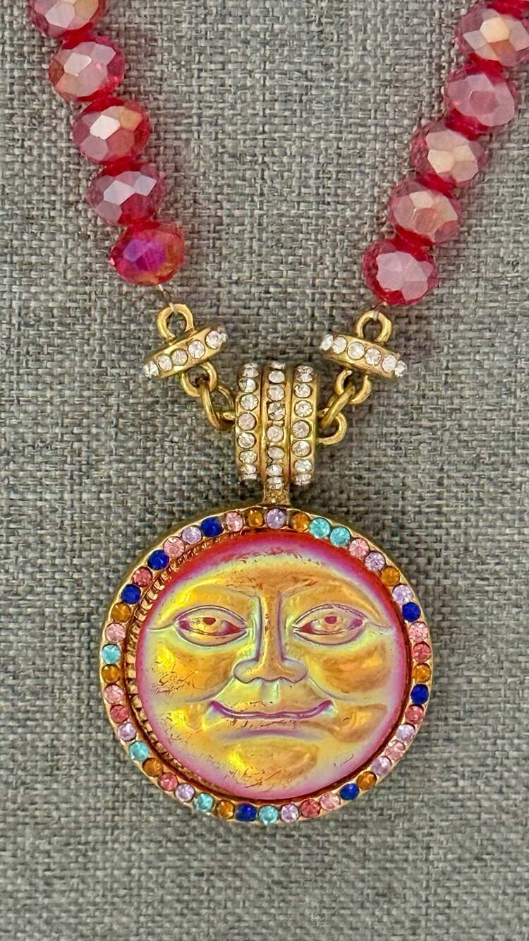 Moon Beaded Pendant Necklace Goldtone Pink Crystal